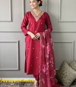 Pretty Red Chanderi Silk Embroidered Kurta Pant Dupatta Set