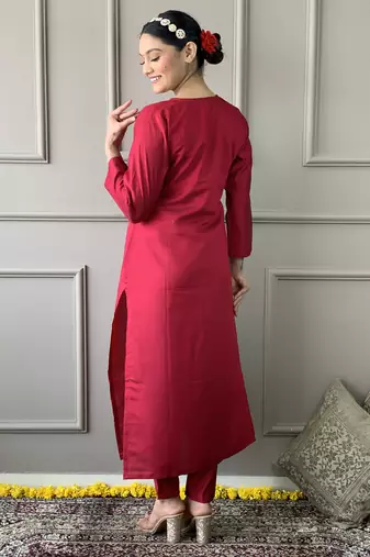Pretty Red Chanderi Silk Embroidered Kurta Pant Dupatta Set