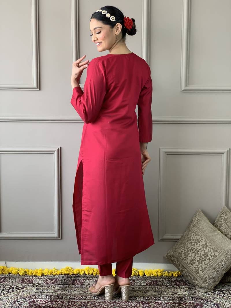 Pretty Red Chanderi Silk Embroidered Kurta Pant Dupatta Set