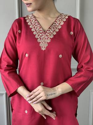 Pretty Red Chanderi Silk Embroidered Kurta Pant Dupatta Set 4