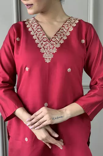 Pretty Red Chanderi Silk Embroidered Kurta Pant Dupatta Set