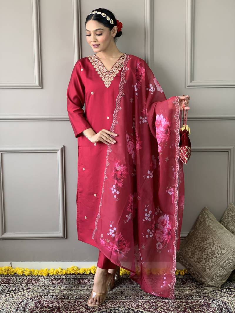 Pretty Red Chanderi Silk Embroidered Kurta Pant Dupatta Set