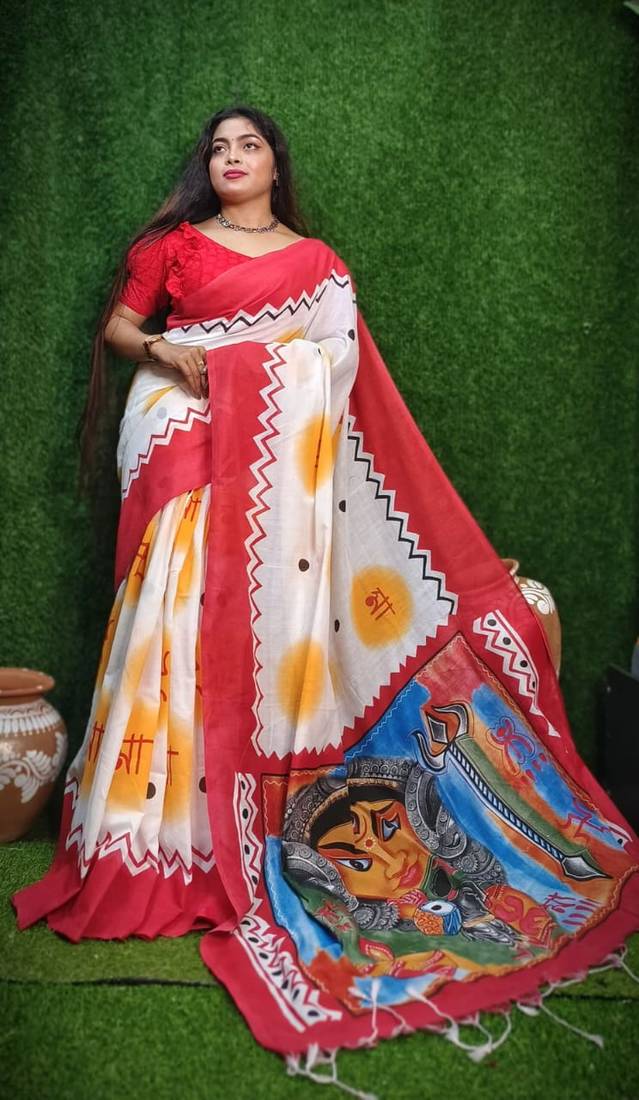 Khadi Cotton Saree Digital Durga Print With Blouse Piece