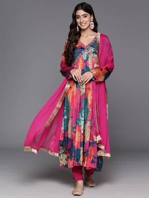 Multicolour Chiffon Fabric Straight Kurta, Pant and Dupatta Set 1