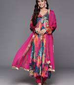 Multicolour Chiffon Fabric Straight Kurta, Pant and Dupatta Set