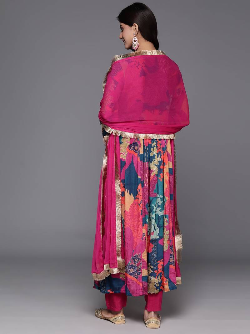Multicolour Chiffon Fabric Straight Kurta, Pant and Dupatta Set