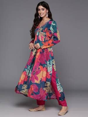 Multicolour Chiffon Fabric Straight Kurta, Pant and Dupatta Set 3