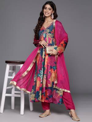 Multicolour Chiffon Fabric Straight Kurta, Pant and Dupatta Set 4