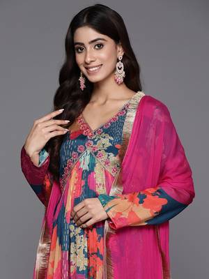 Multicolour Chiffon Fabric Straight Kurta, Pant and Dupatta Set 5