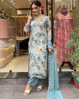 Blue Organza Fabric Straight Kurta, Pant and Dupatta Set 1