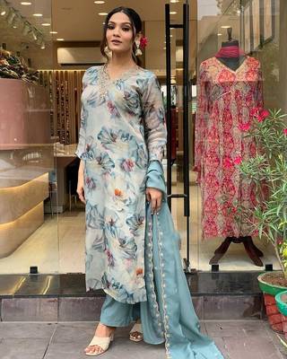 Blue Organza Fabric Straight Kurta, Pant and Dupatta Set 3