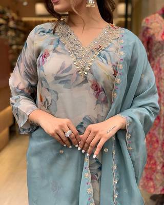 Blue Organza Fabric Straight Kurta, Pant and Dupatta Set 4