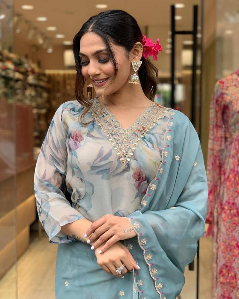 Blue Organza Fabric Straight Kurta, Pant and Dupatta Set