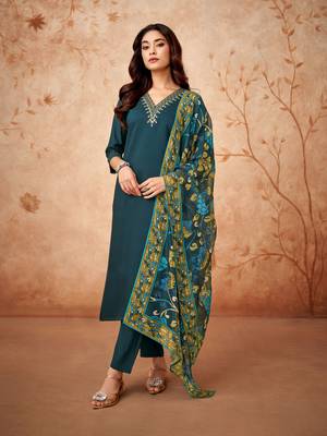 Blue Cotton Silk Fabric Straight Kurta, Pant and Dupatta Set 1