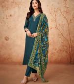 Blue Cotton Silk Fabric Straight Kurta, Pant and Dupatta Set