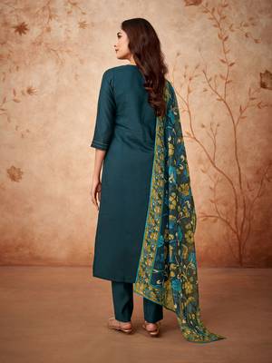 Blue Cotton Silk Fabric Straight Kurta, Pant and Dupatta Set 2