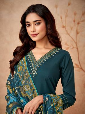 Blue Cotton Silk Fabric Straight Kurta, Pant and Dupatta Set 5