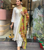 Women Chanderi Cotton Embroidered Kurta Pant Dupatta Set