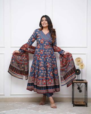 Cotton Fabric Printed work Straight cut Kurta, Pant and Dupatta Set 1
