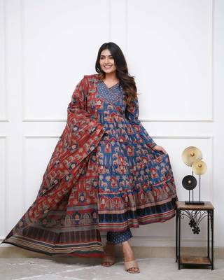 Cotton Fabric Printed work Straight cut Kurta, Pant and Dupatta Set 2