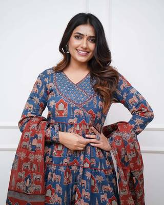Cotton Fabric Printed work Straight cut Kurta, Pant and Dupatta Set 3
