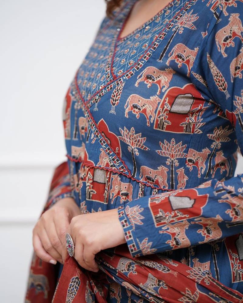 Cotton Fabric Printed work Straight cut Kurta, Pant and Dupatta Set