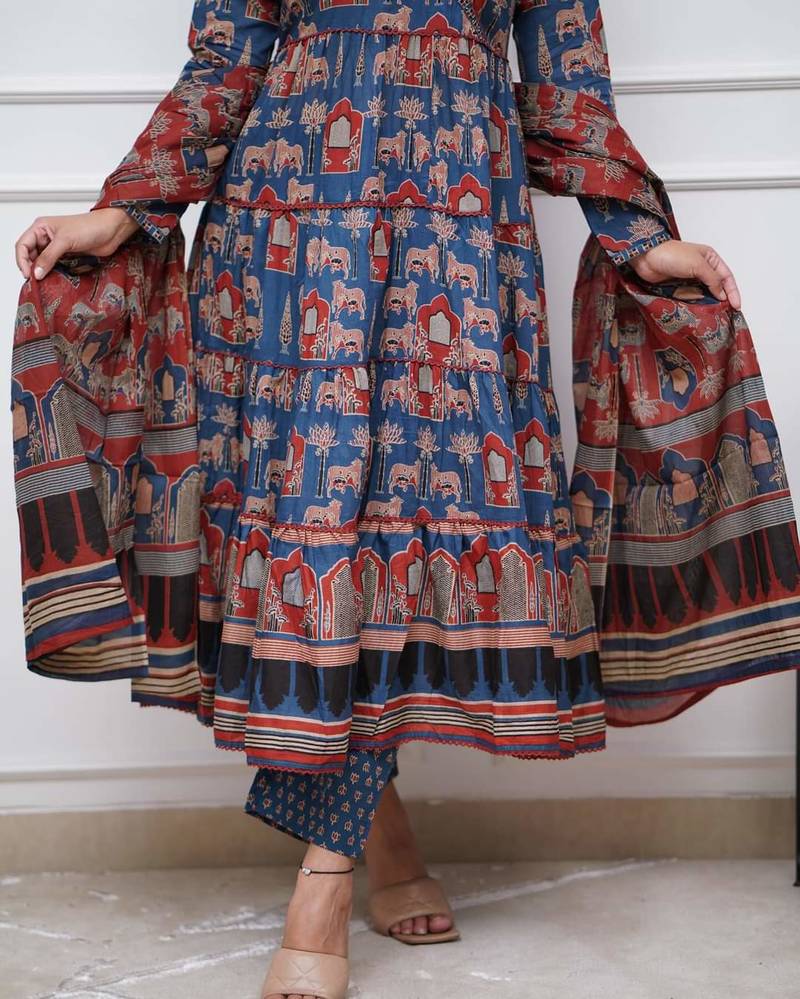 Cotton Fabric Printed work Straight cut Kurta, Pant and Dupatta Set