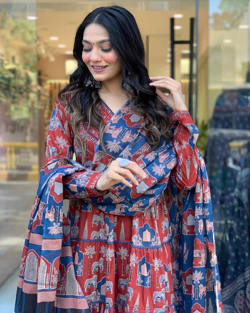 Cotton Fabric Printed work Straight cut Kurta, Pant and Dupatta Set