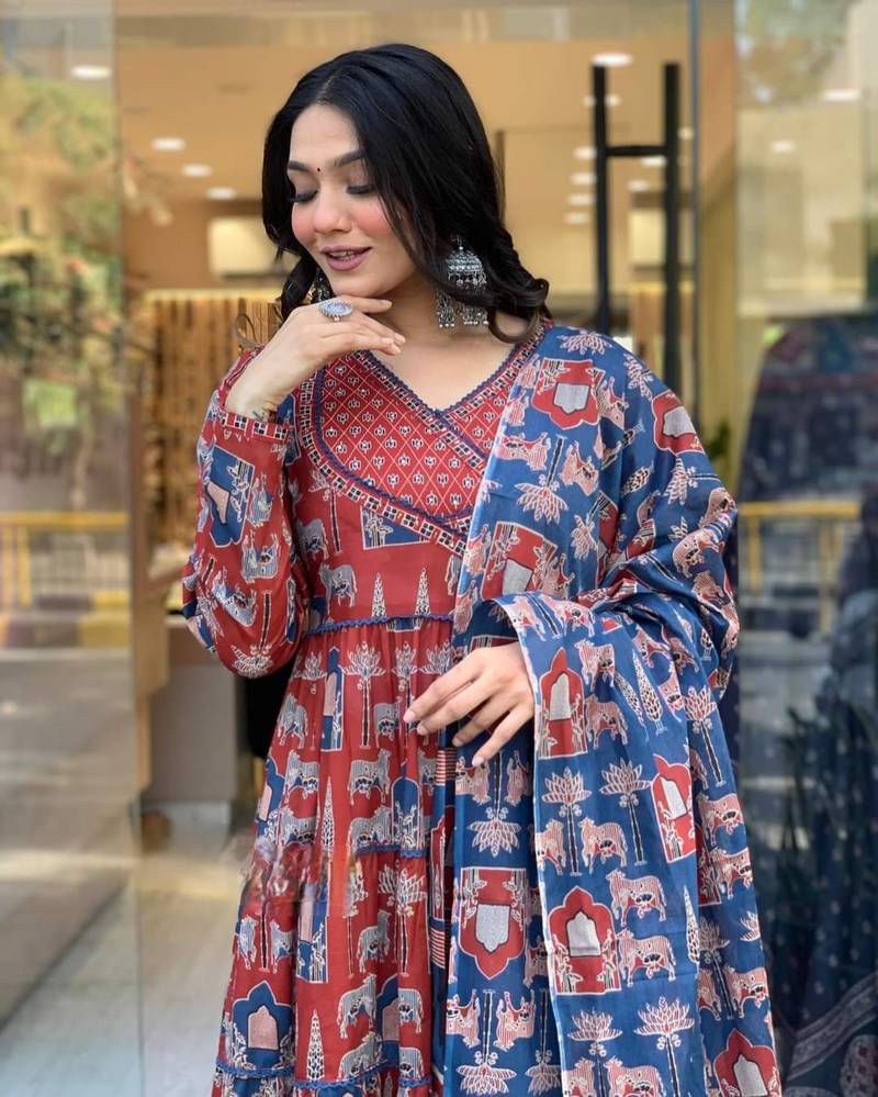 Cotton Fabric Printed work Straight cut Kurta, Pant and Dupatta Set