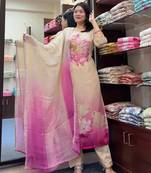 Silk Blend Fabric Embroidered Work Straight Cut Kurta, Pant and Dupatta Set