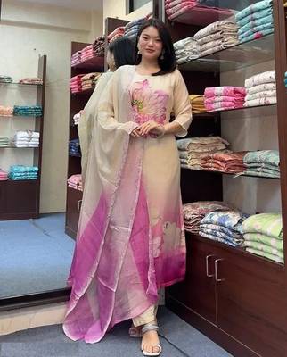 Silk Blend Fabric Embroidered Work Straight Cut Kurta, Pant and Dupatta Set 2