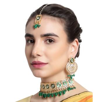 Traditional indian kundan green  choker necklace set 2