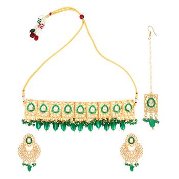Traditional indian kundan green  choker necklace set 3