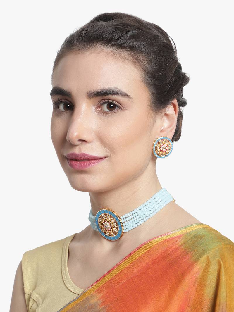 Traditional indian kundan light blue choker necklace set