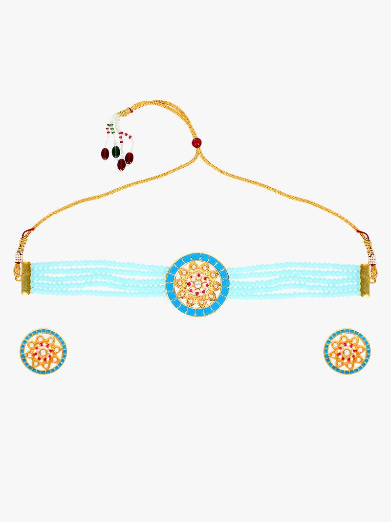 Traditional indian kundan light blue choker necklace set