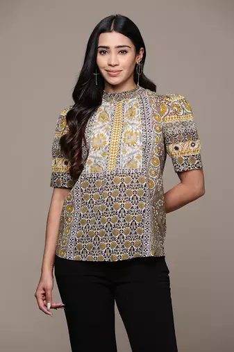 Aarke grey round neck half sleeve printed top