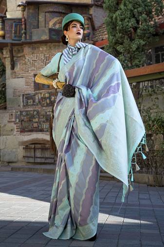 Aqua Blue Ceremonial Katan Silk Weaving Zari Contemporary Saree