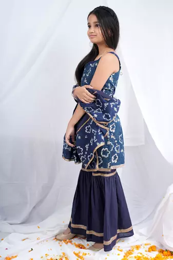 Indigo handblock printed sleeveless short kurta, paired with indigo sharara