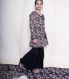 Black bagru handblock printed full sleeves angrakha kurta embellished with crochet lace , paired with black sharara