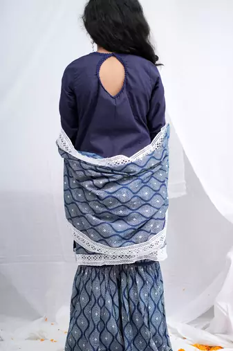 indigo full sleeves kurta, paired with indigo block printed sharara