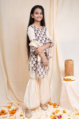 bagru handblock printed quarter frill sleeves short kurta, paired with beige sharara 1