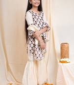 bagru handblock printed quarter frill sleeves short kurta, paired with beige sharara