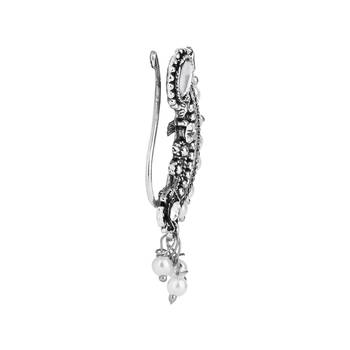 Silver Oxidised Non-Piercing Floral Design Maharashtrian Nath with White Pearls 3