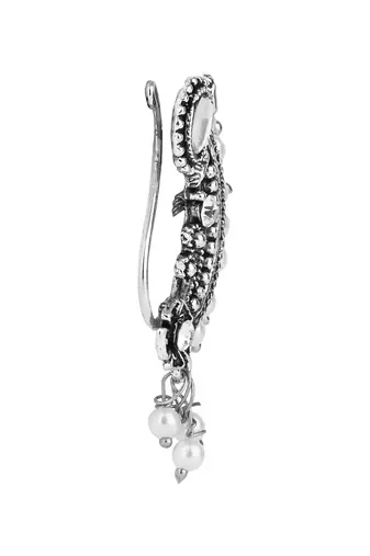 Silver Oxidised Non-Piercing Floral Design Maharashtrian Nath with White Pearls
