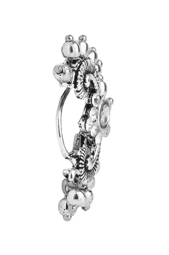 Silver Oxidised Non-Piercing Floral Design Maharashtrian Nath