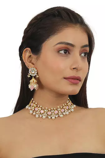 Light Pink Choker Set With White Pearl