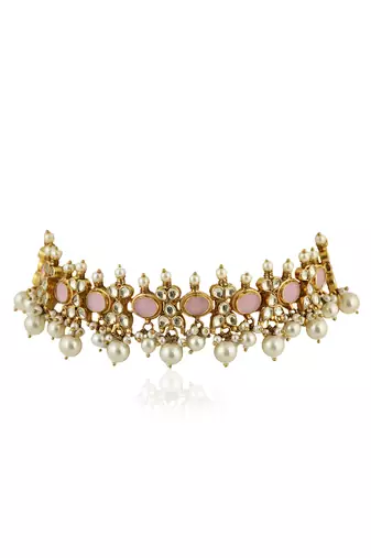 Light Pink Choker Set With White Pearl