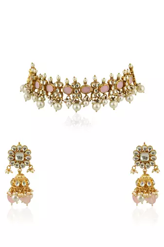 Light Pink Choker Set With White Pearl