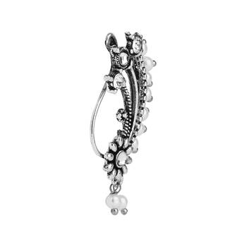 Silver Oxidised Non-Piercing Floral Design Maharashtrian Nath with White Pearls 3