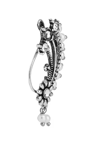 Silver Oxidised Non-Piercing Floral Design Maharashtrian Nath with White Pearls